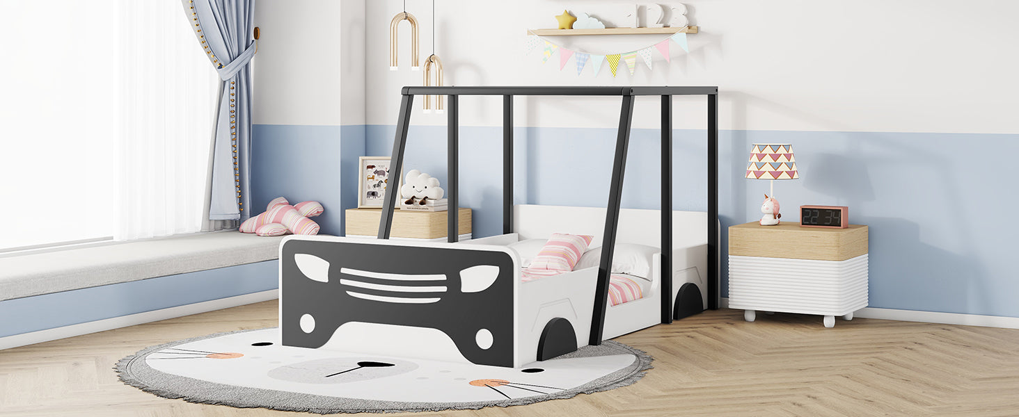 Twin Size Car-shaped Bed with Roof,Wooden Twin Floor Bed with wheels and door Design,Montessori Inspired Bedroom,Black House to Home Furnishings LLC