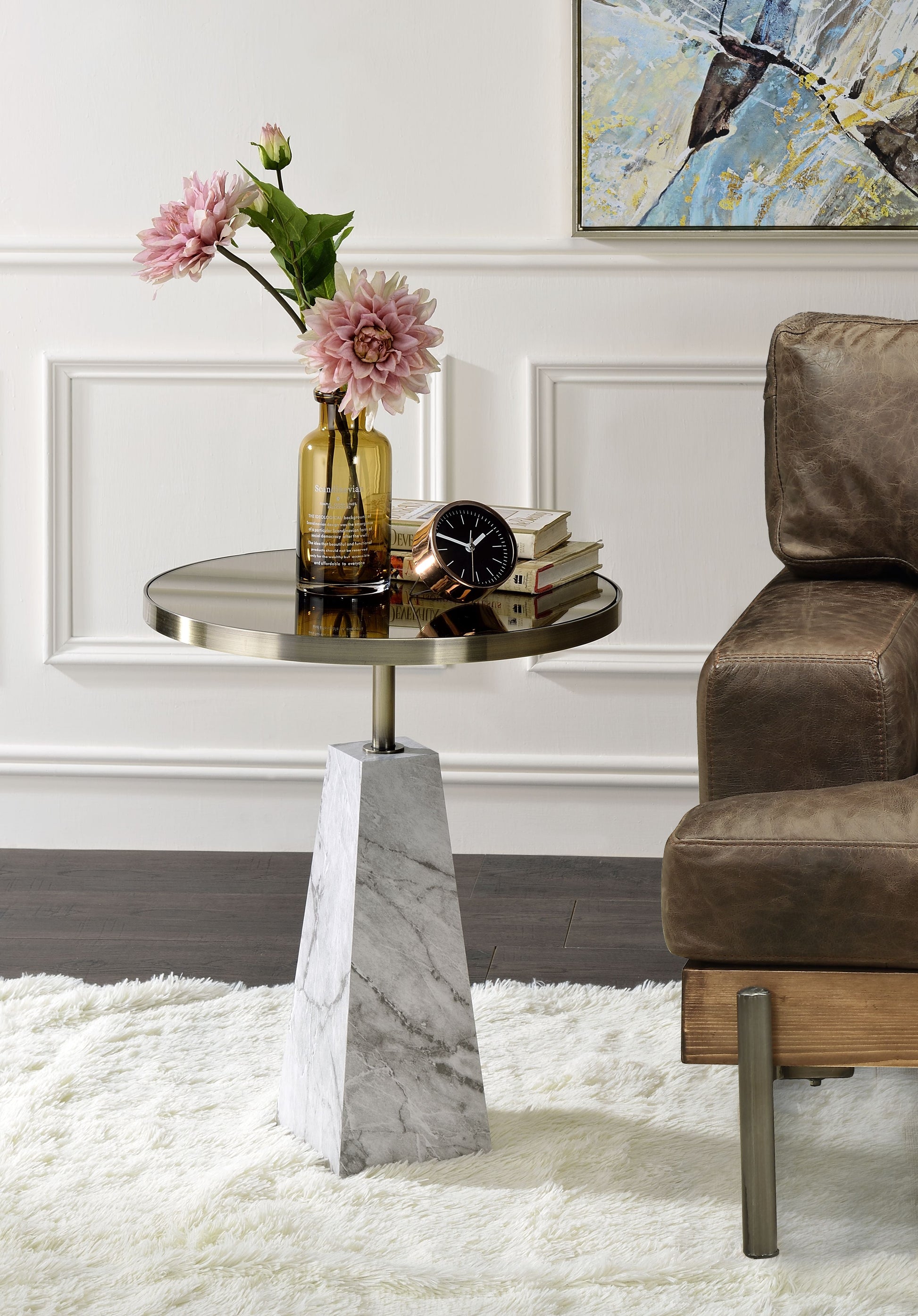 Galilahi Mirrored, Faux Marble & Antique Gold Side Table ACME East