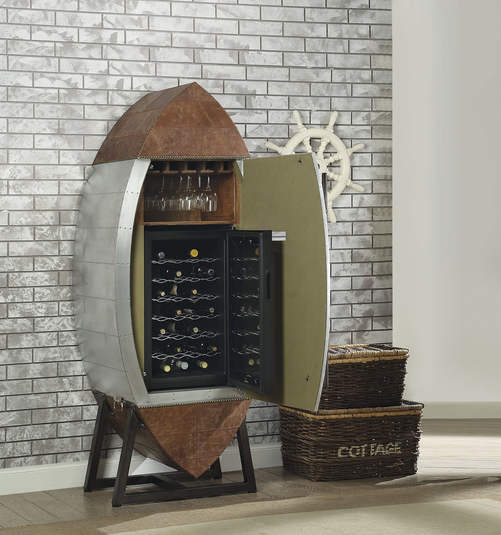 Brancaster Retro Brown Top Grain Leather & Aluminum Wine Cabinet & Cooler ACME East