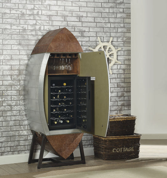 Brancaster Retro Brown Top Grain Leather & Aluminum Wine Cabinet & Cooler ACME East