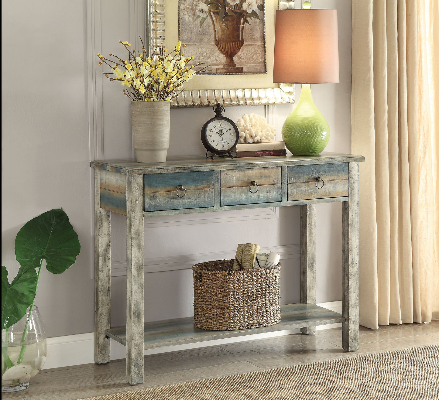 Glancio Antique White & Teal Console Table ACME East