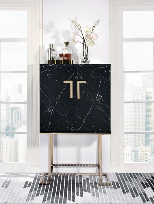 Hendrix Black Faux Marble & Champagne Wine Cabinet ACME East