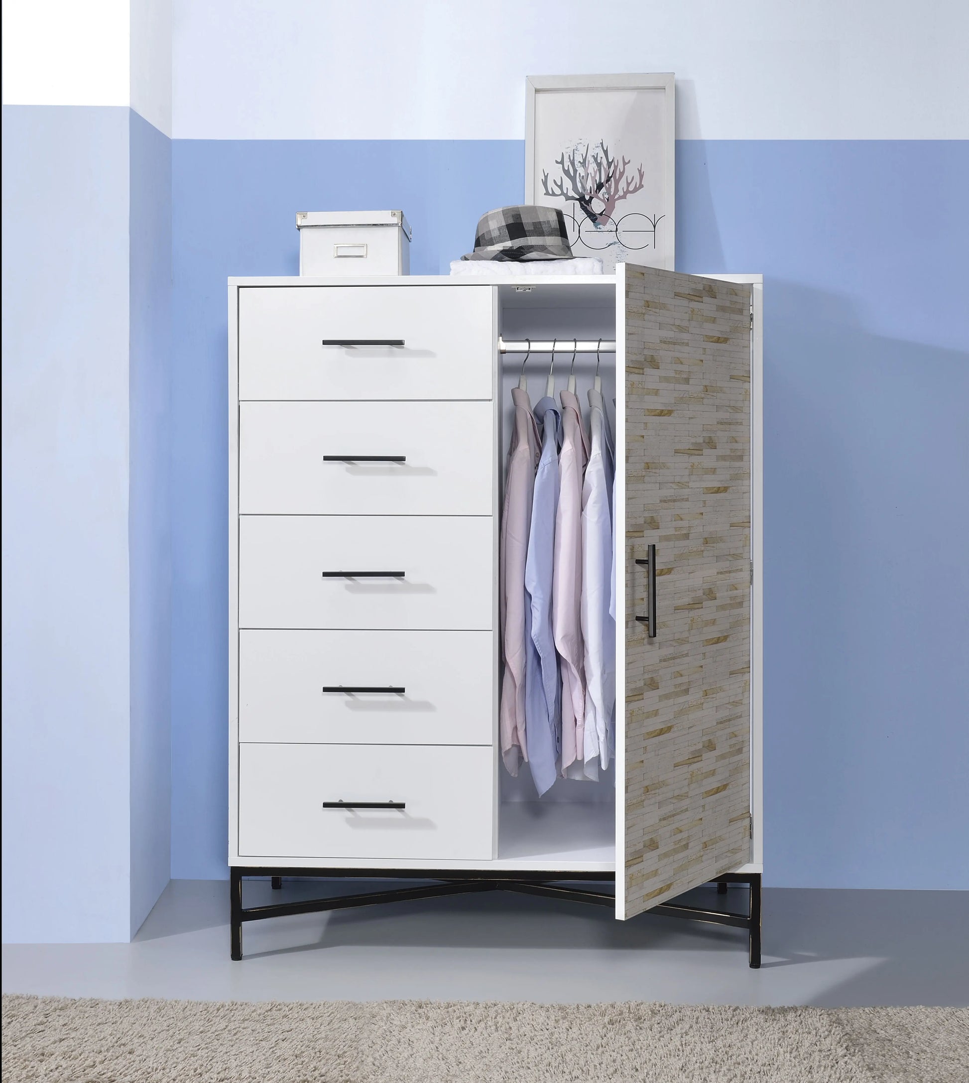 Uma White & Weathered Wood Pattern Wardrobe ACME East