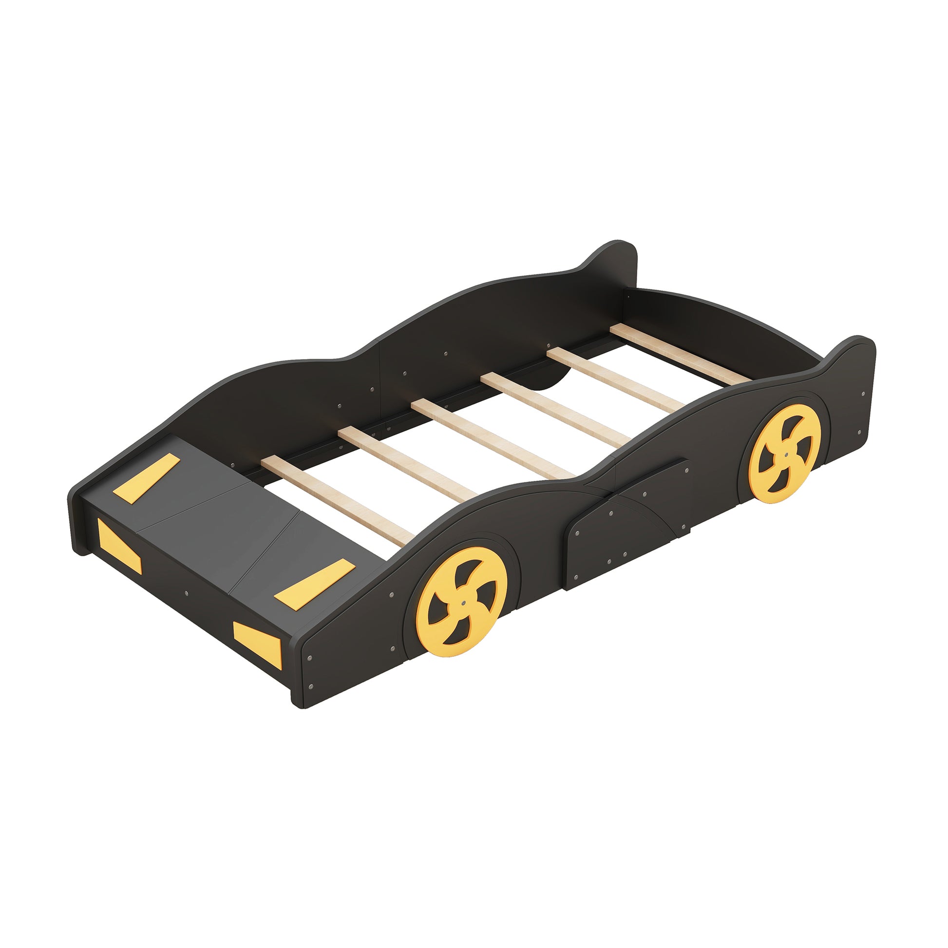 Twin Size Race Car-Shaped Platform Bed with Wheels and Storage, Black+Yellow House to Home Furnishings LLC