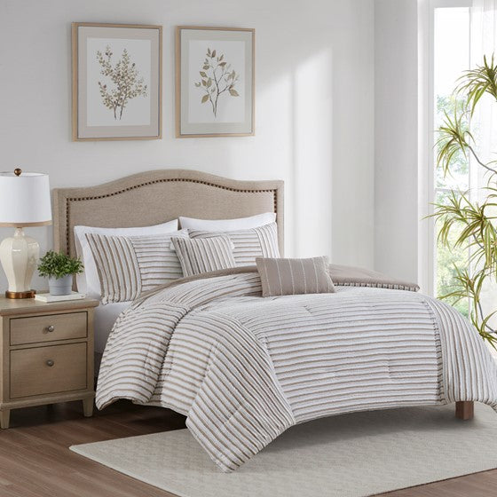 5 Piece Clipped Jacquard Comforter Set with Throw Pillows Natural Full/Queen Olliix.com