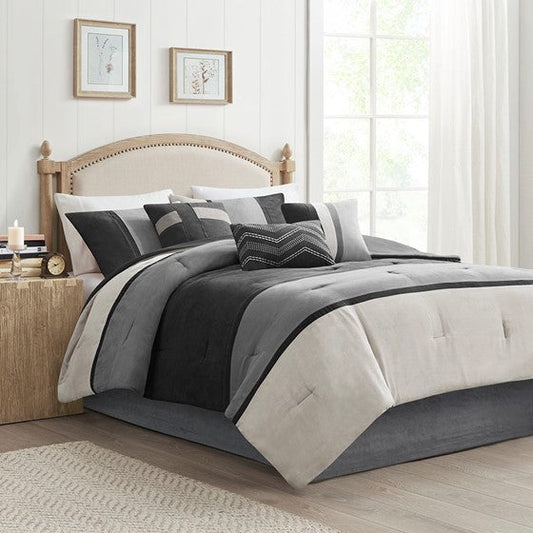 7 Piece Faux Suede Comforter Set Black Queen Olliix.com