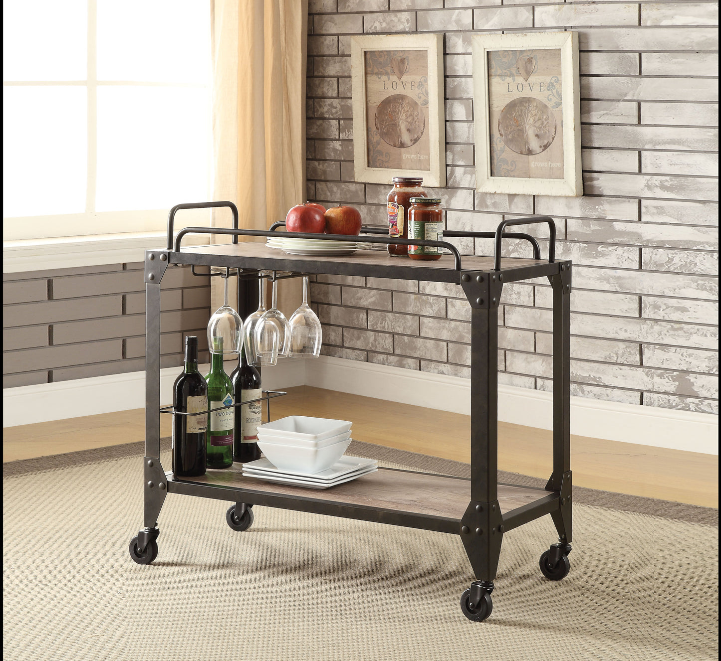 Caitlin Rustic Oak & Black Serving Cart ACME East