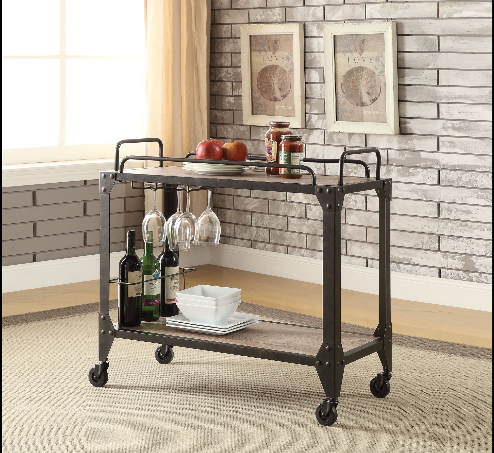 Caitlin Rustic Oak & Black Serving Cart ACME East