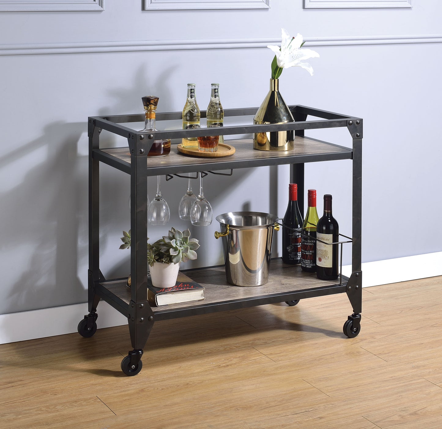 Jorgensen Rustic Oak & Charcoal Serving Cart ACME East