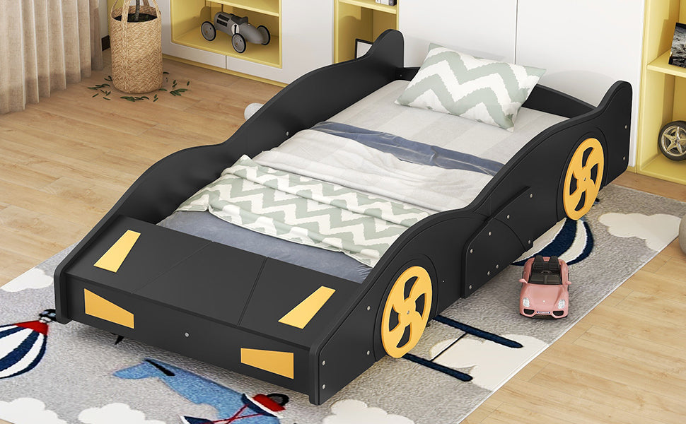 Twin Size Race Car-Shaped Platform Bed with Wheels and Storage, Black+Yellow House to Home Furnishings LLC