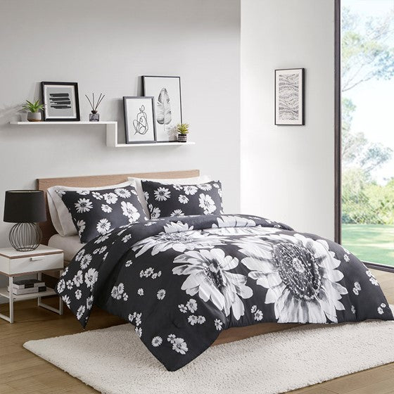 Floral Reversible Comforter Set Black/White Twin XL Olliix.com