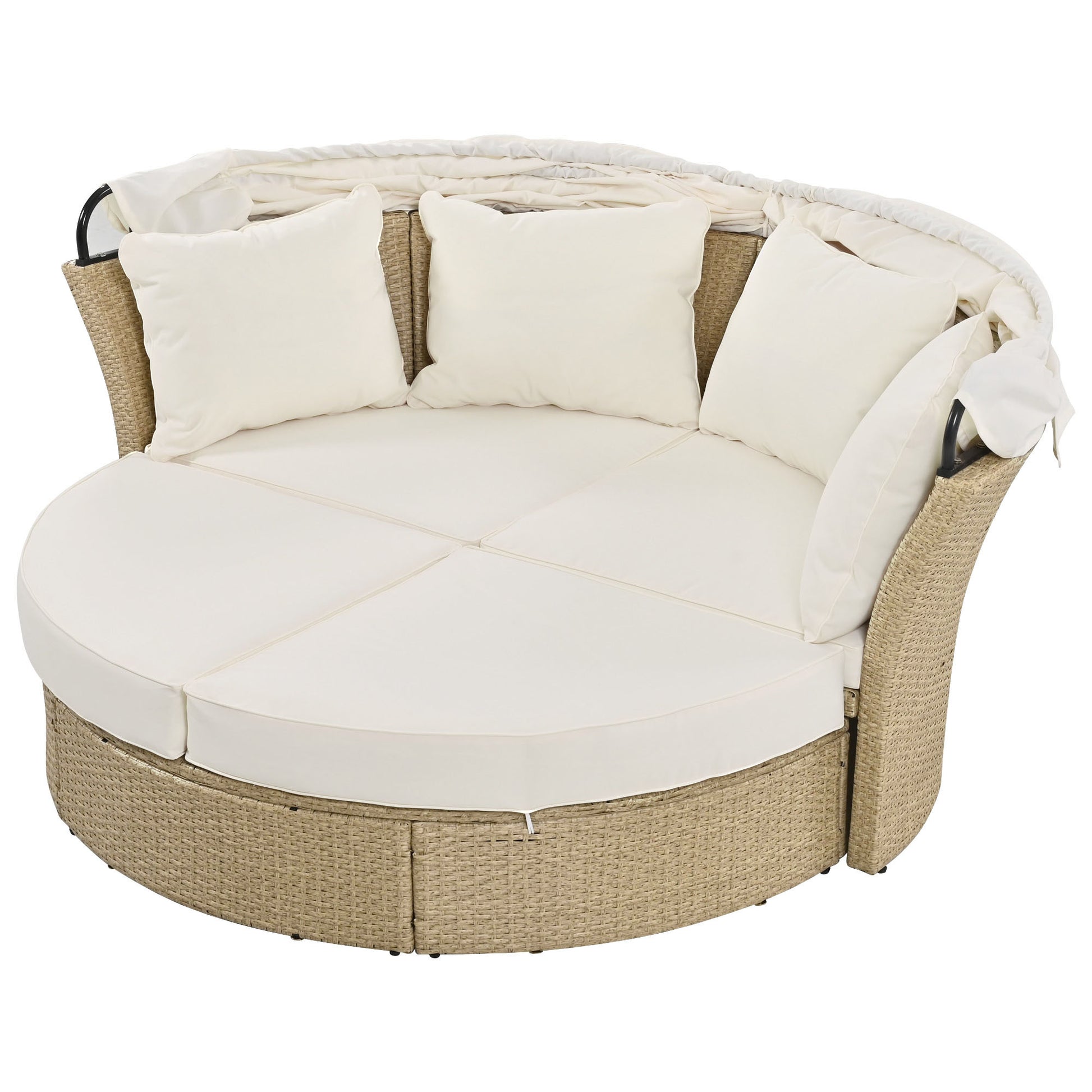 Outdoor Patio Daybed Wicker Rattan Double Daybed Round Sofa Furniture Set with Retractable Canopy, 4 Pillows for Lawn Garden Backyard Porch Pool, Beige House to Home Furnishings LLC