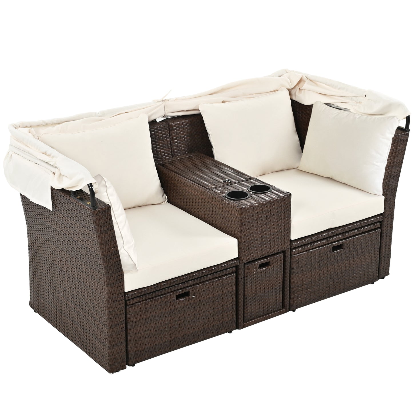 2-Seater Outdoor Patio Daybed Outdoor Double Daybed Outdoor Loveseat Sofa Set with Foldable Awning and Cushions for Garden, Balcony, Poolside, Beige ***(FREE SHIPPING)*** House to Home Furnishings LLC