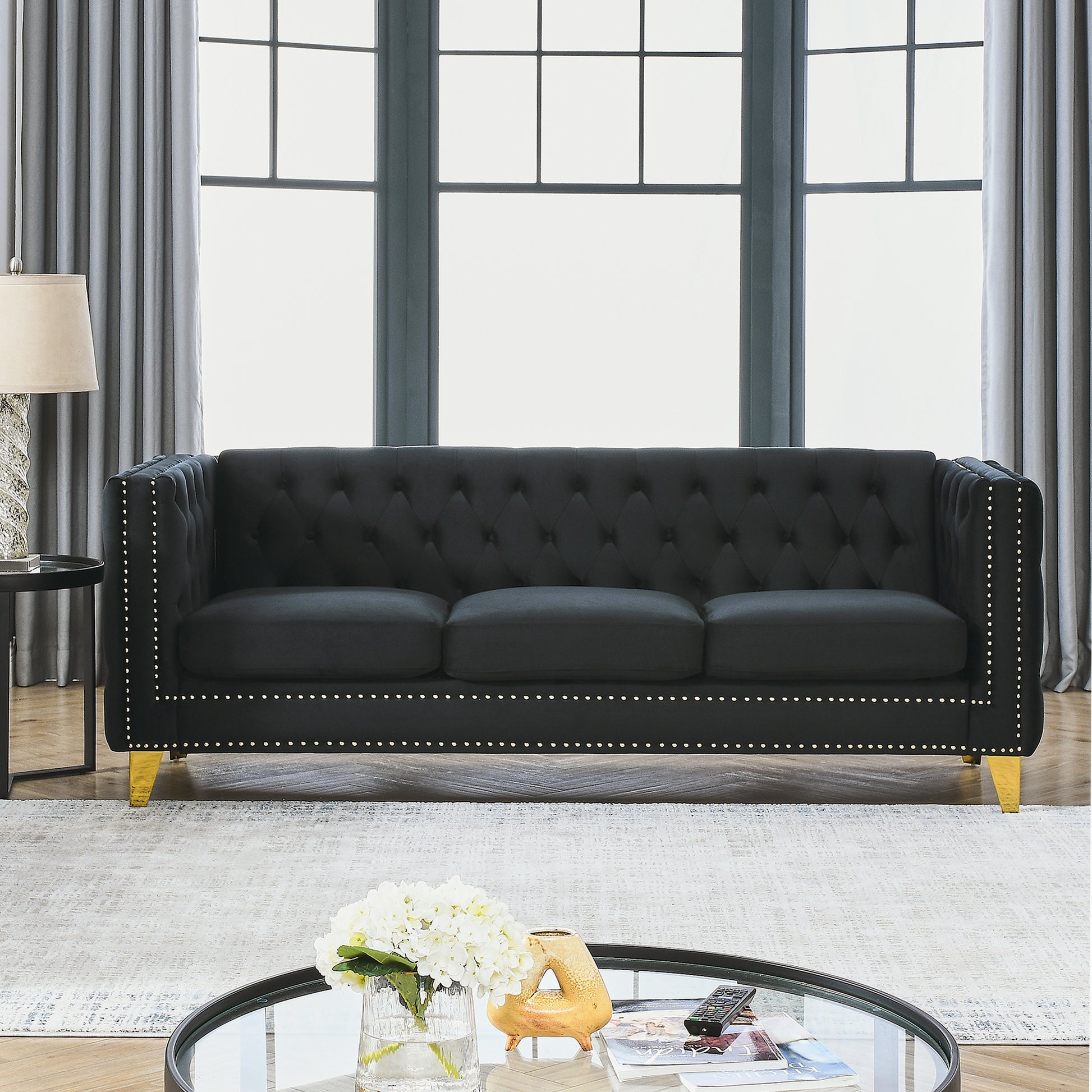 {Contact us for 3D modeling} Velvet Sofa for Living Room,Buttons Tufted Square Arm Couch, Modern Couch Upholstered Button and Metal Legs, Sofa Couch for Bedroom, Black Velvet(W834S00022) House to Home Furnishings LLC