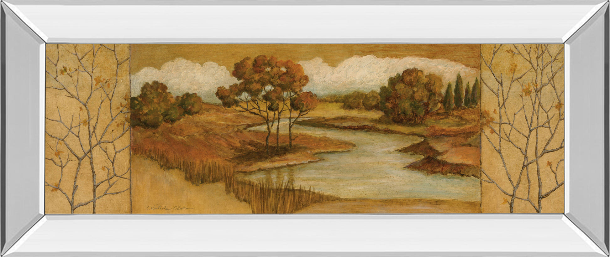 River Scene II - Mirror Framed Print Wall Art - Dark Brown Classy Art