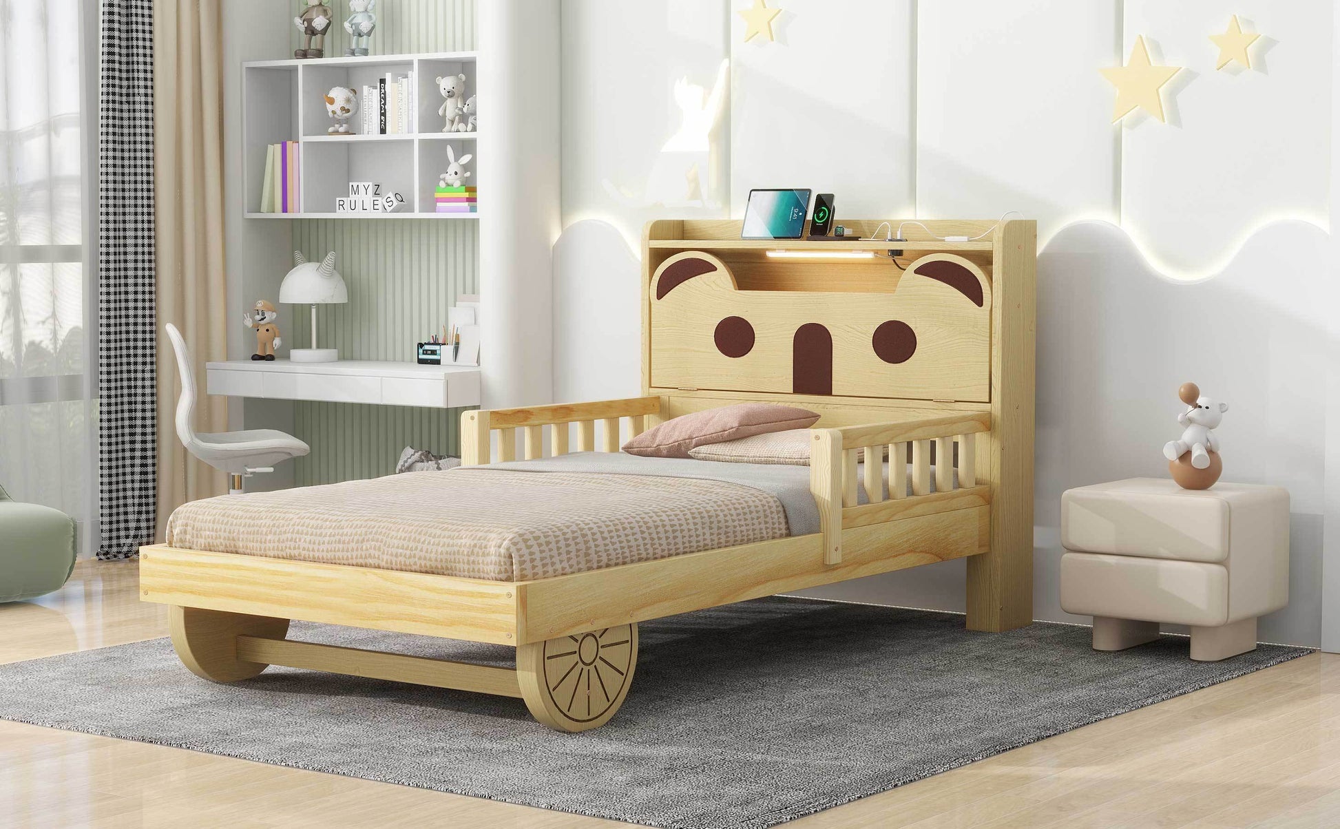 Twin Size Car Bed with Bear-Shaped Headboard, USB and LED, Natural House to Home Furnishings LLC