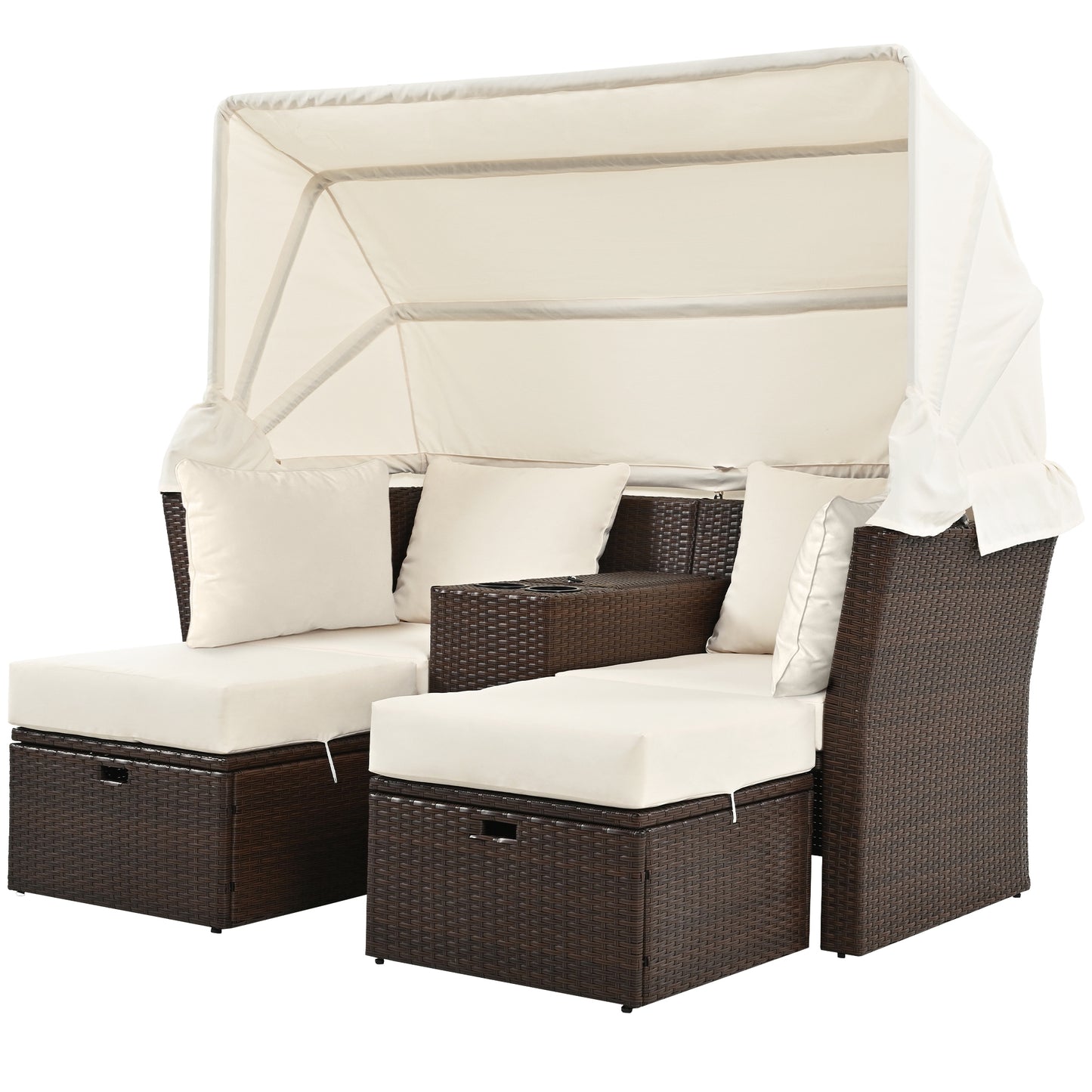 2-Seater Outdoor Patio Daybed Outdoor Double Daybed Outdoor Loveseat Sofa Set with Foldable Awning and Cushions for Garden, Balcony, Poolside, Beige ***(FREE SHIPPING)*** House to Home Furnishings LLC