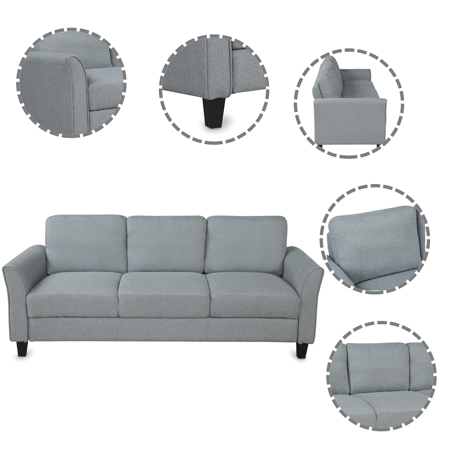 3-Seat Sofa Living Room Linen Fabric Sofa (Gray) House to Home Furnishings LLC