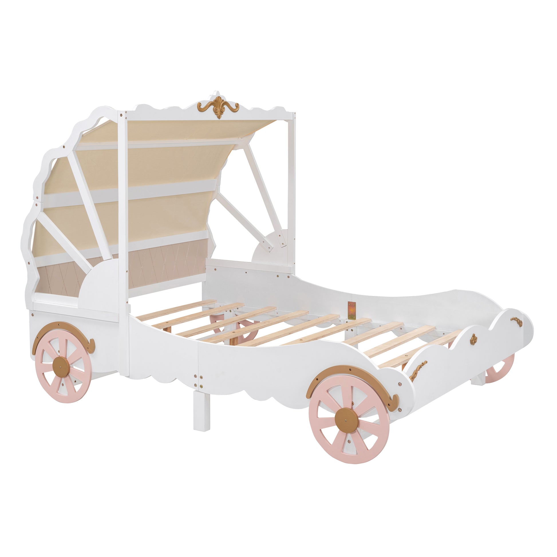 Full Size Princess Carriage Bed with Canopy, Wood Platform Car Bed with 3D Carving Pattern, White+Pink+Gold House to Home Furnishings LLC