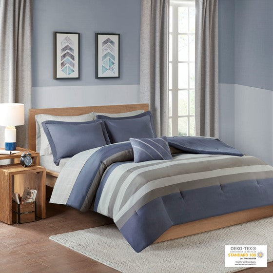 Striped Comforter Set with Bed Sheets Blue/Grey Queen Olliix.com