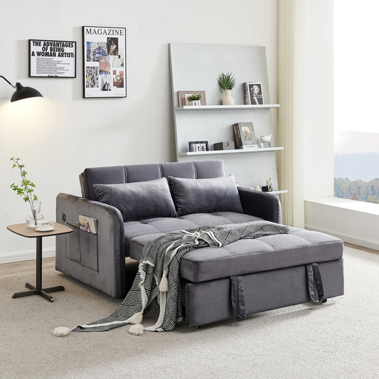 55.5" Twins Pull Out Sofa Bed  Grey Velvet House to Home Furnishings LLC