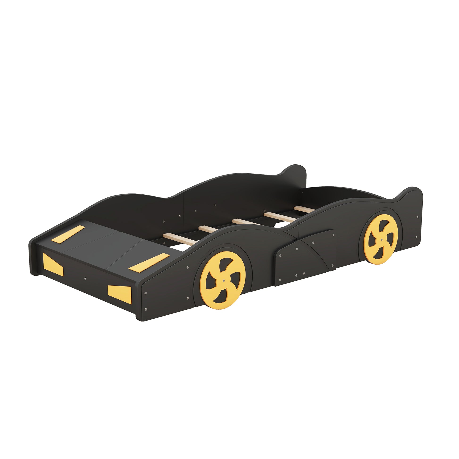 Twin Size Race Car-Shaped Platform Bed with Wheels and Storage, Black+Yellow House to Home Furnishings LLC