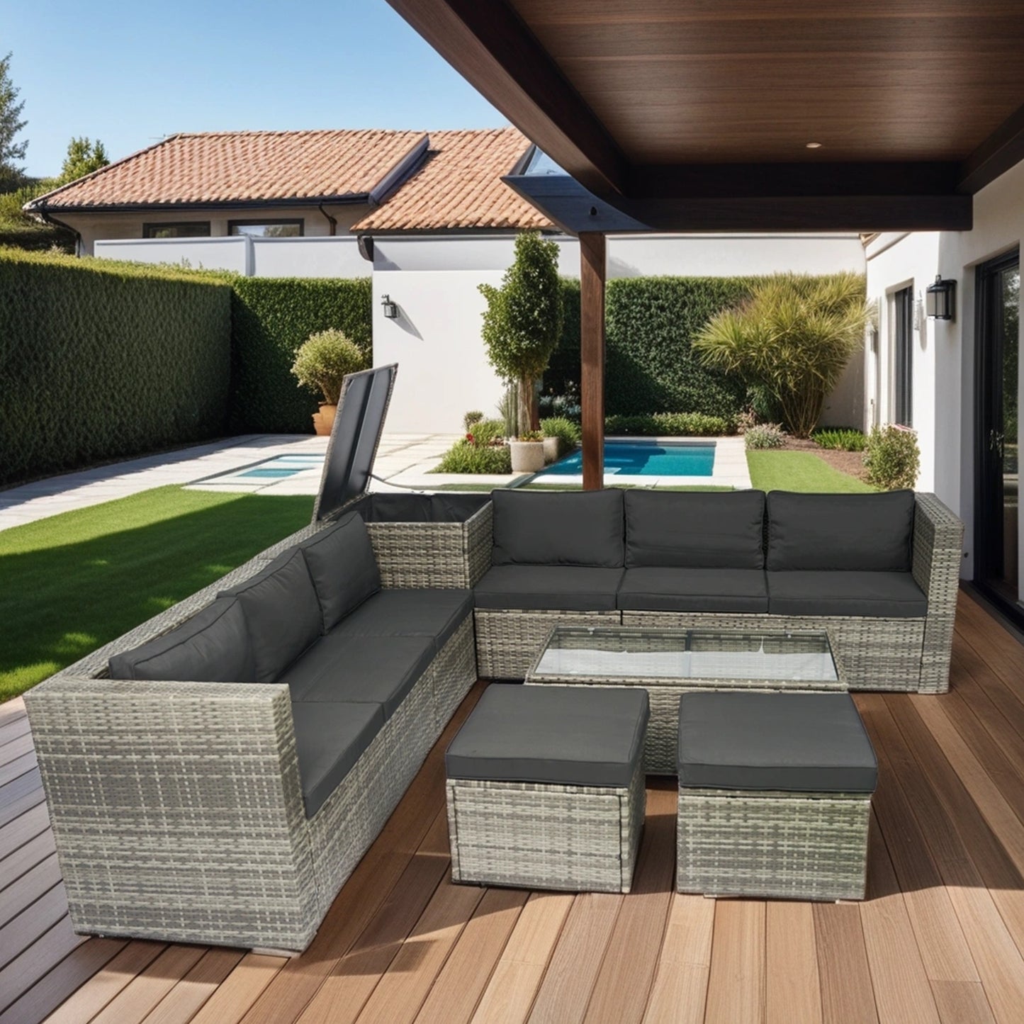 8 Piece Patio Outdoor Sectional Wicker Rattan Outdoor Furniture Sofa Set with One Storage Box Under Seat and Cushion Box Grey wicker + Black Cushion + Clear Glass Top House to Home Furnishings LLC