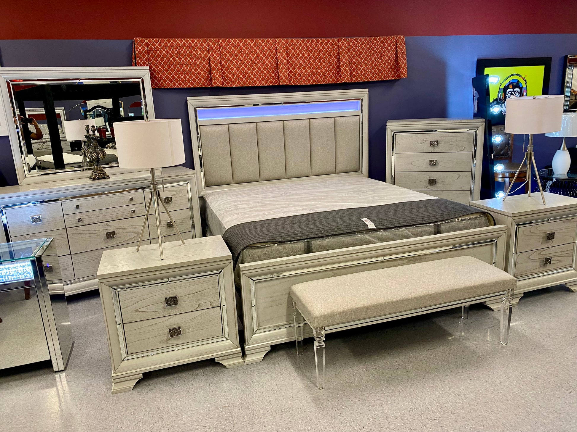 Santino 6pc Vail Dove Grey “LED”Bedroom Collection with Beveled Mirrored Accents House to Home Furnishings LLC