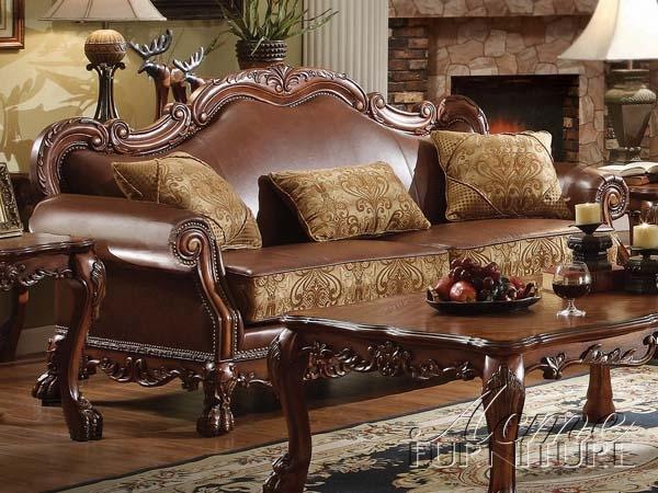 Dresden Brown PU & Chenille, Cherry Oak Sofa w/3 Pillows ACME East