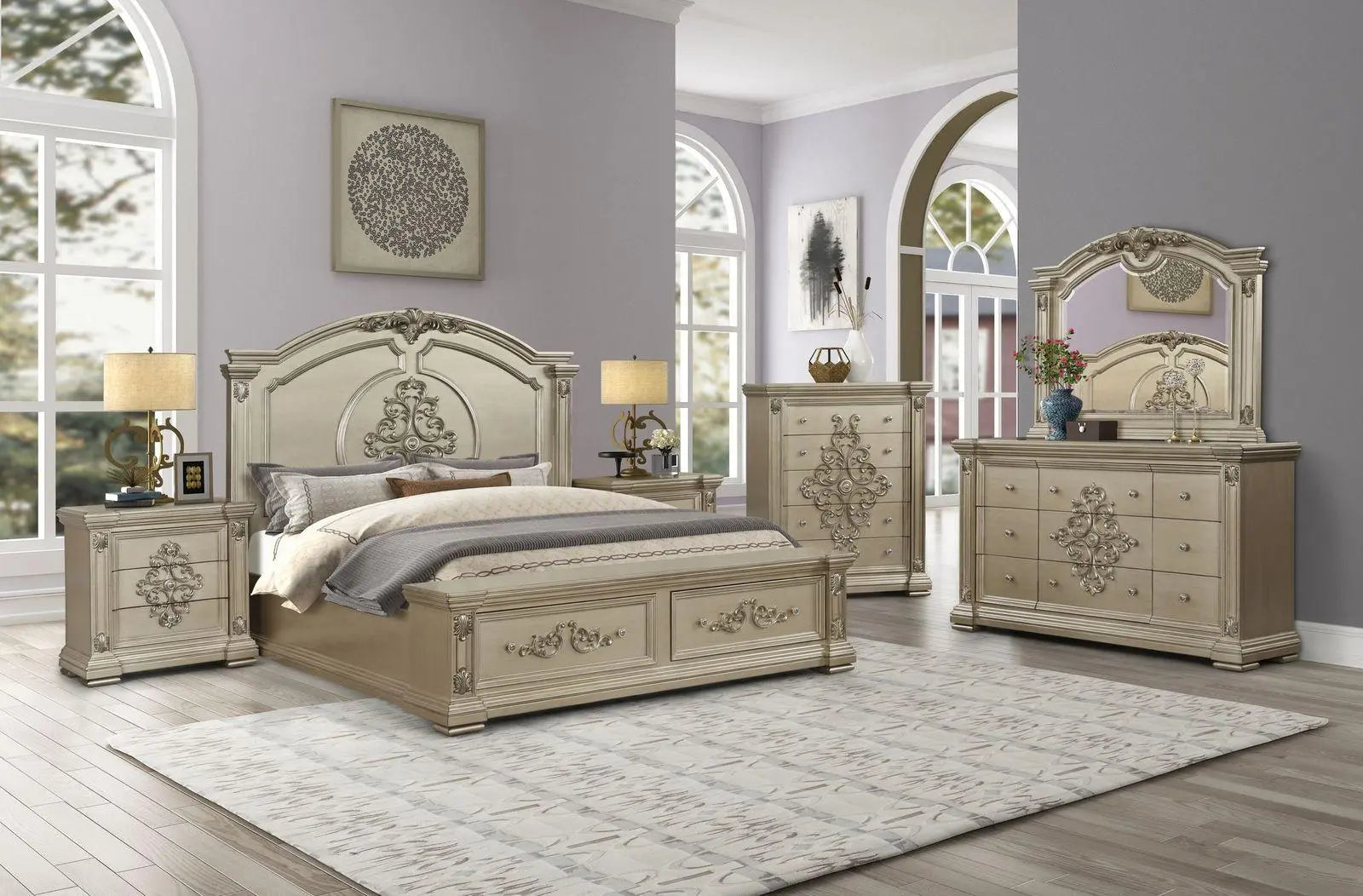 Alicia 6Pc Transitional Bedroom Set in Metallic Beige Finish by Cosmos Furniture Cosmos Furniture