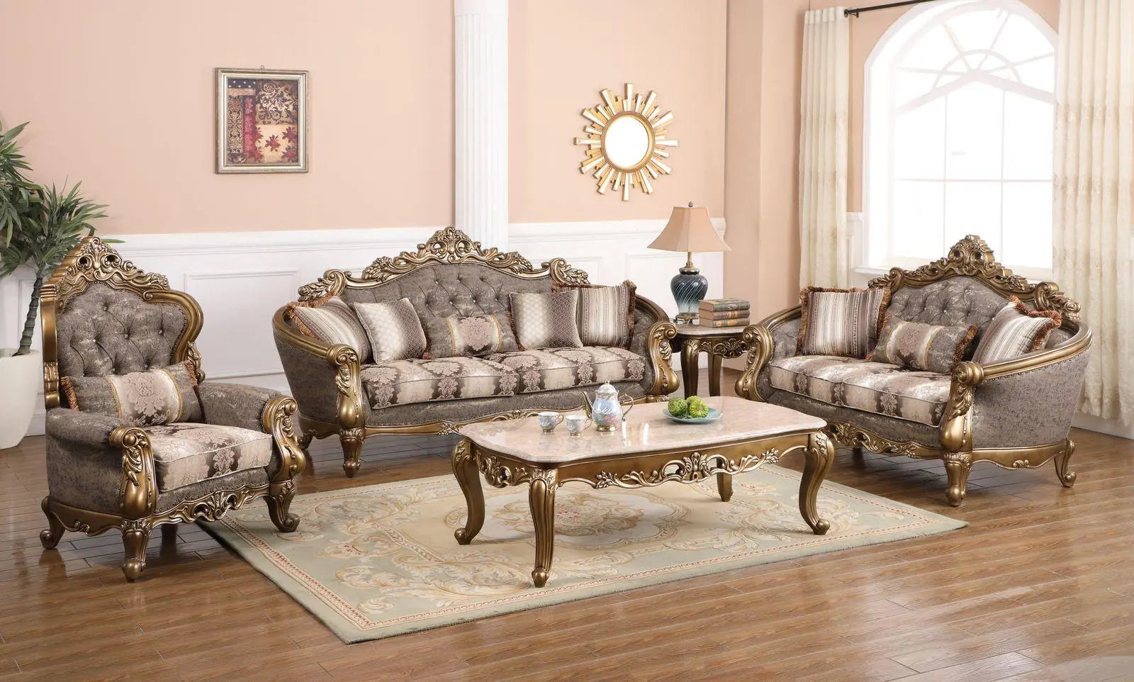 Amelia Traditional Sofa and Loveseat in Bronze Wood Finish by Cosmos Furniture Cosmos Furniture