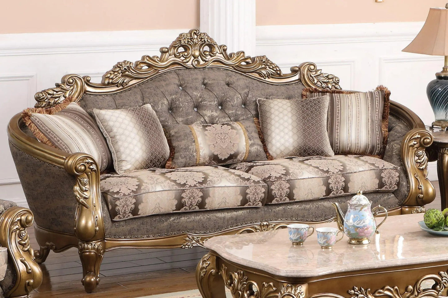 Amelia Traditional Sofa and Loveseat in Bronze Wood Finish by Cosmos Furniture Cosmos Furniture