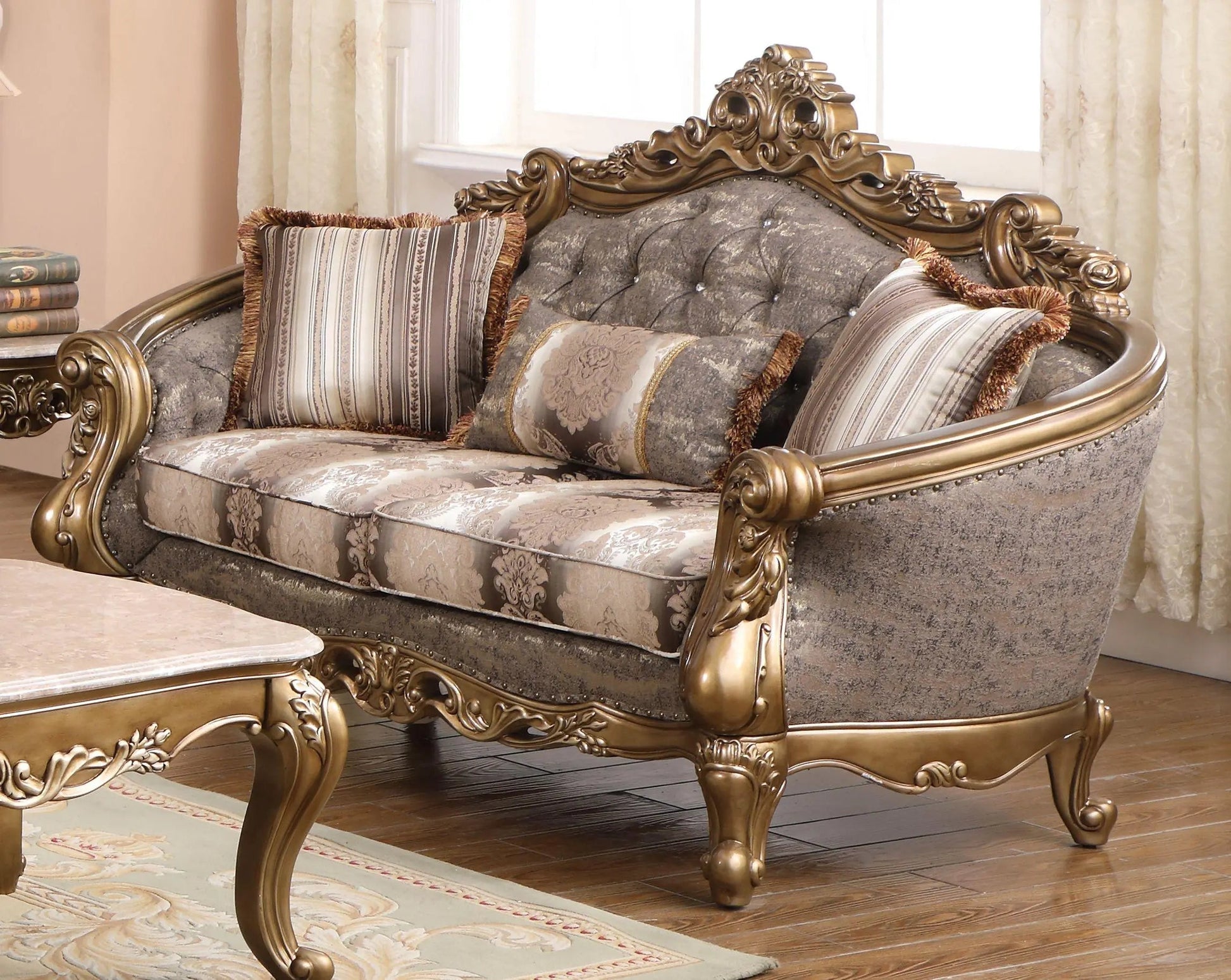 Amelia Traditional Sofa and Loveseat in Bronze Wood Finish by Cosmos Furniture Cosmos Furniture