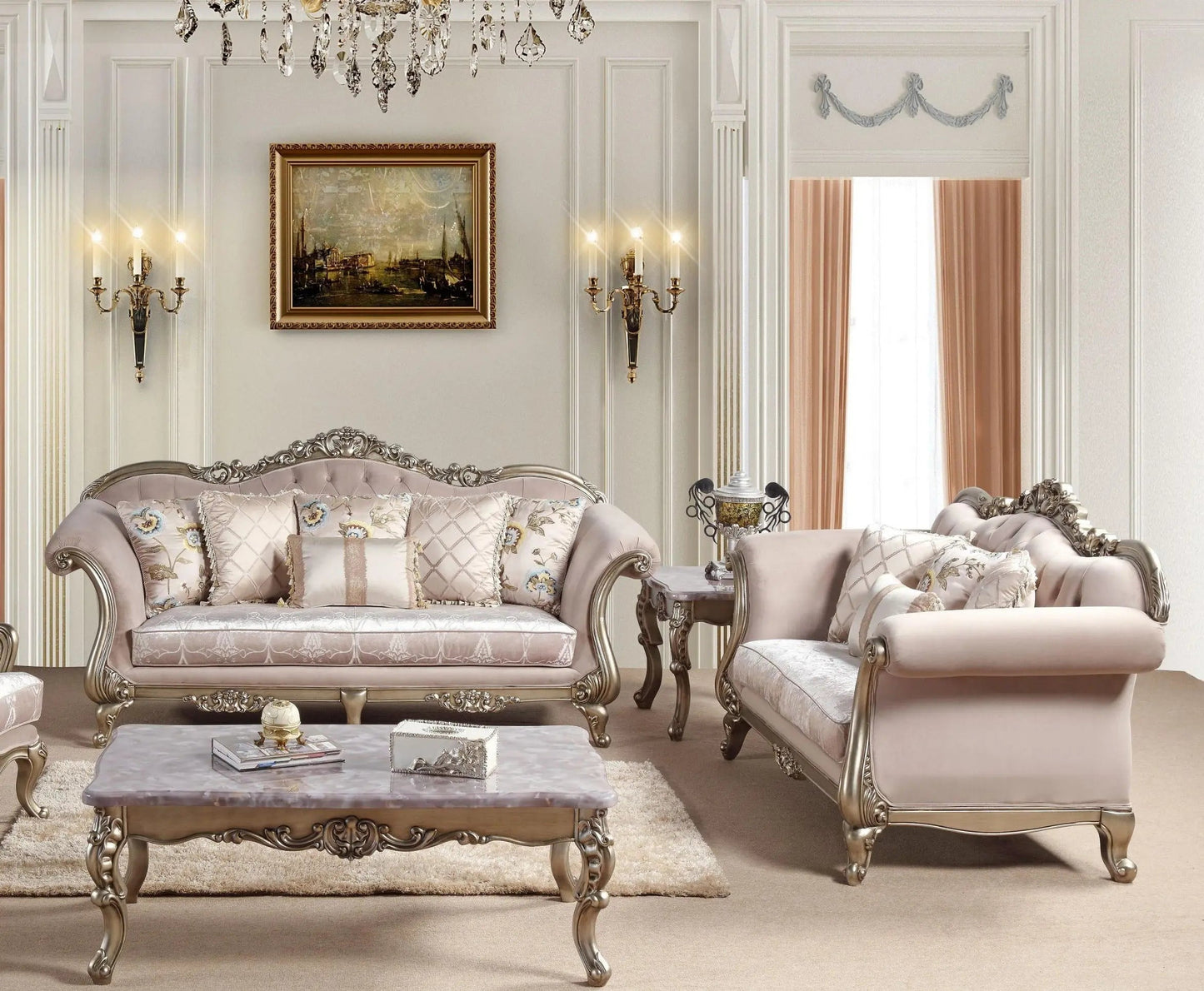 Ariana Traditional Sofa and Loveseat in Champagne Wood Finish by Cosmos Furniture Cosmos Furniture