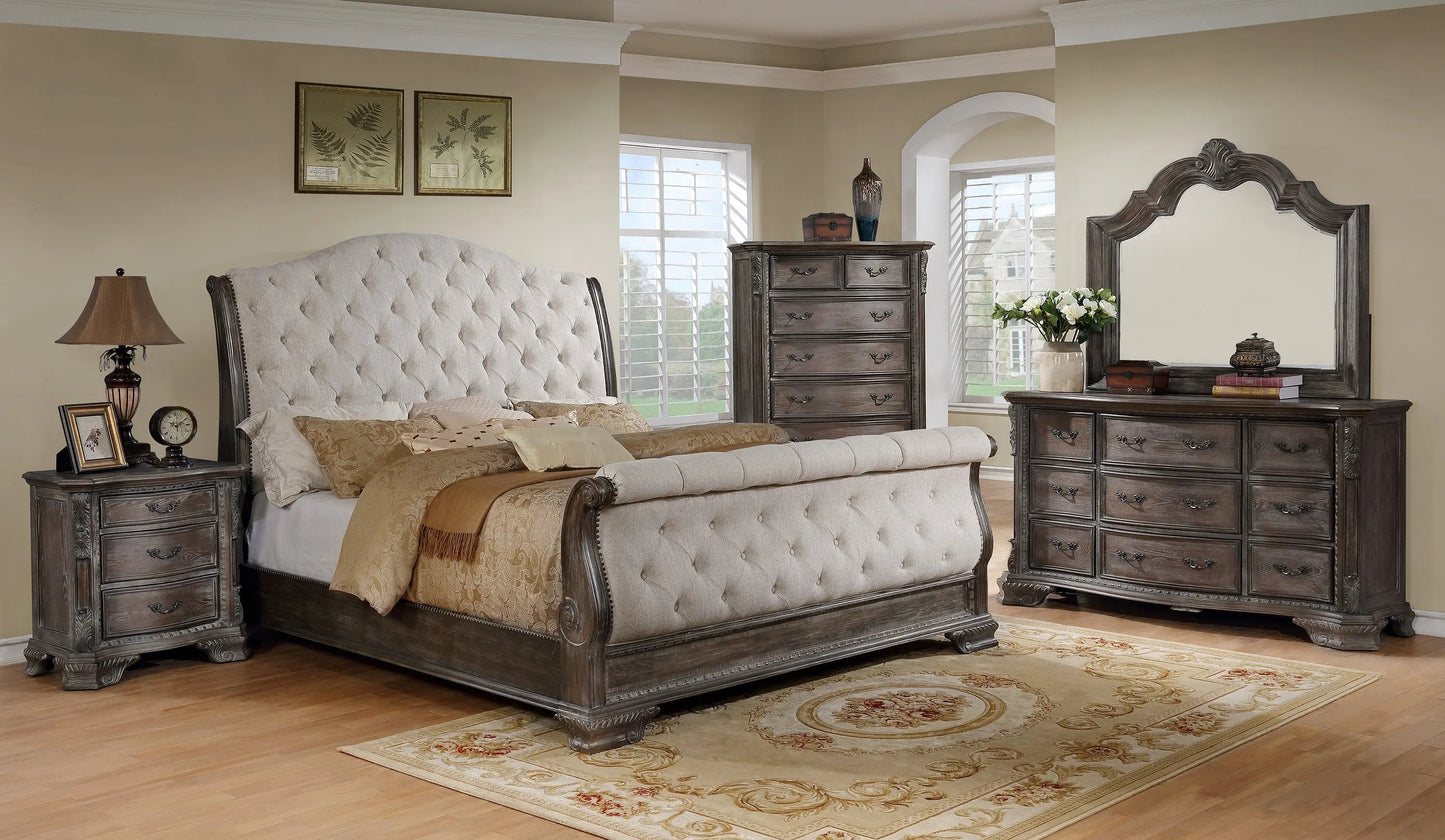 Sheffield Antique Gray King Upholstered Sleigh Bed Crown Mark