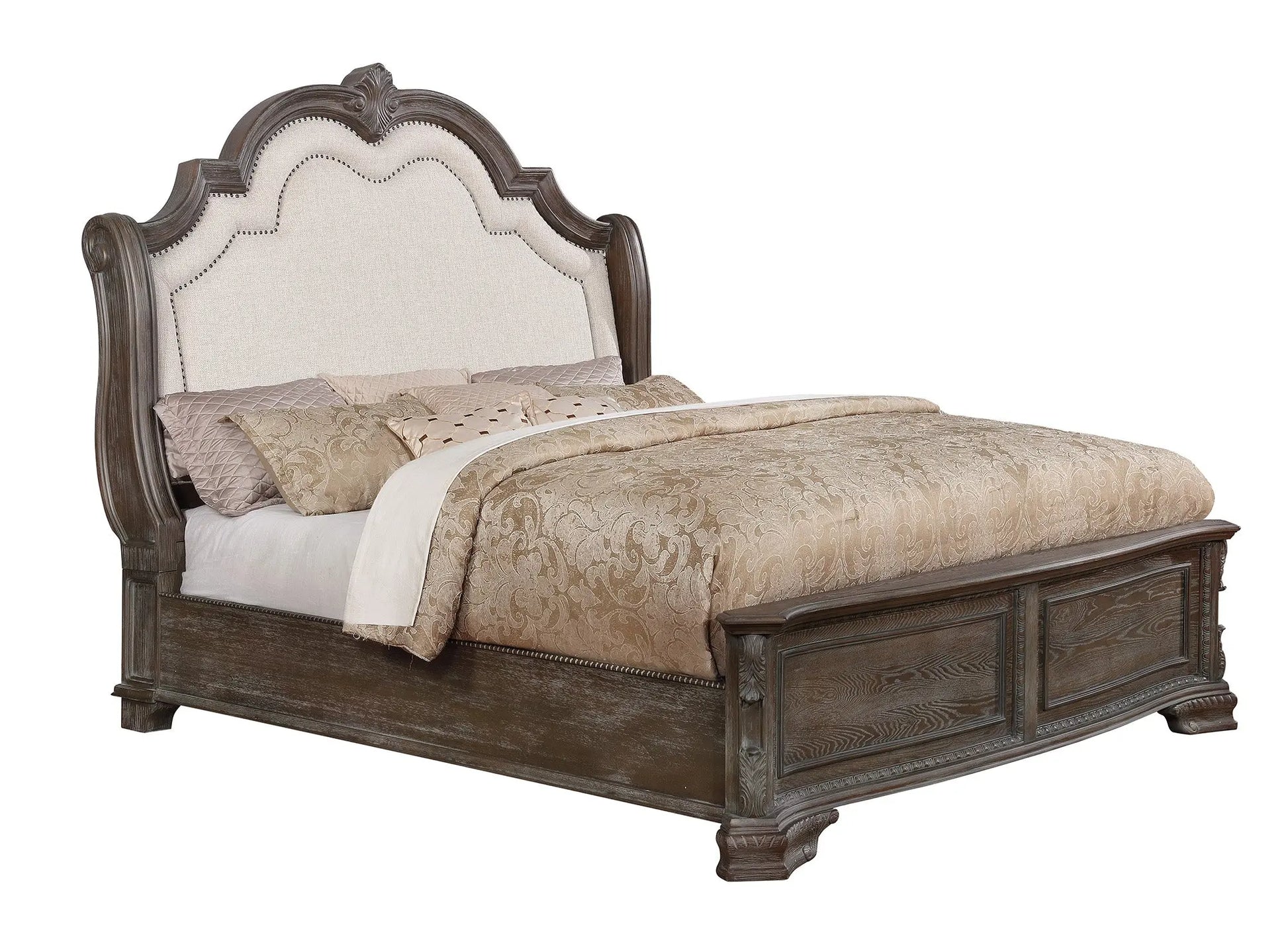 Sheffield Antique Gray Queen Upholstered Panel Bed Crown Mark