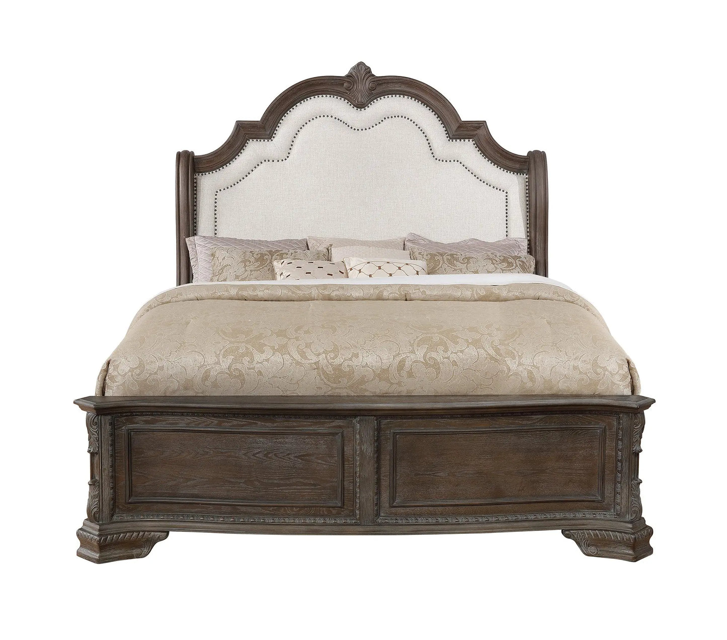 Sheffield Antique Gray Queen Upholstered Panel Bed Crown Mark