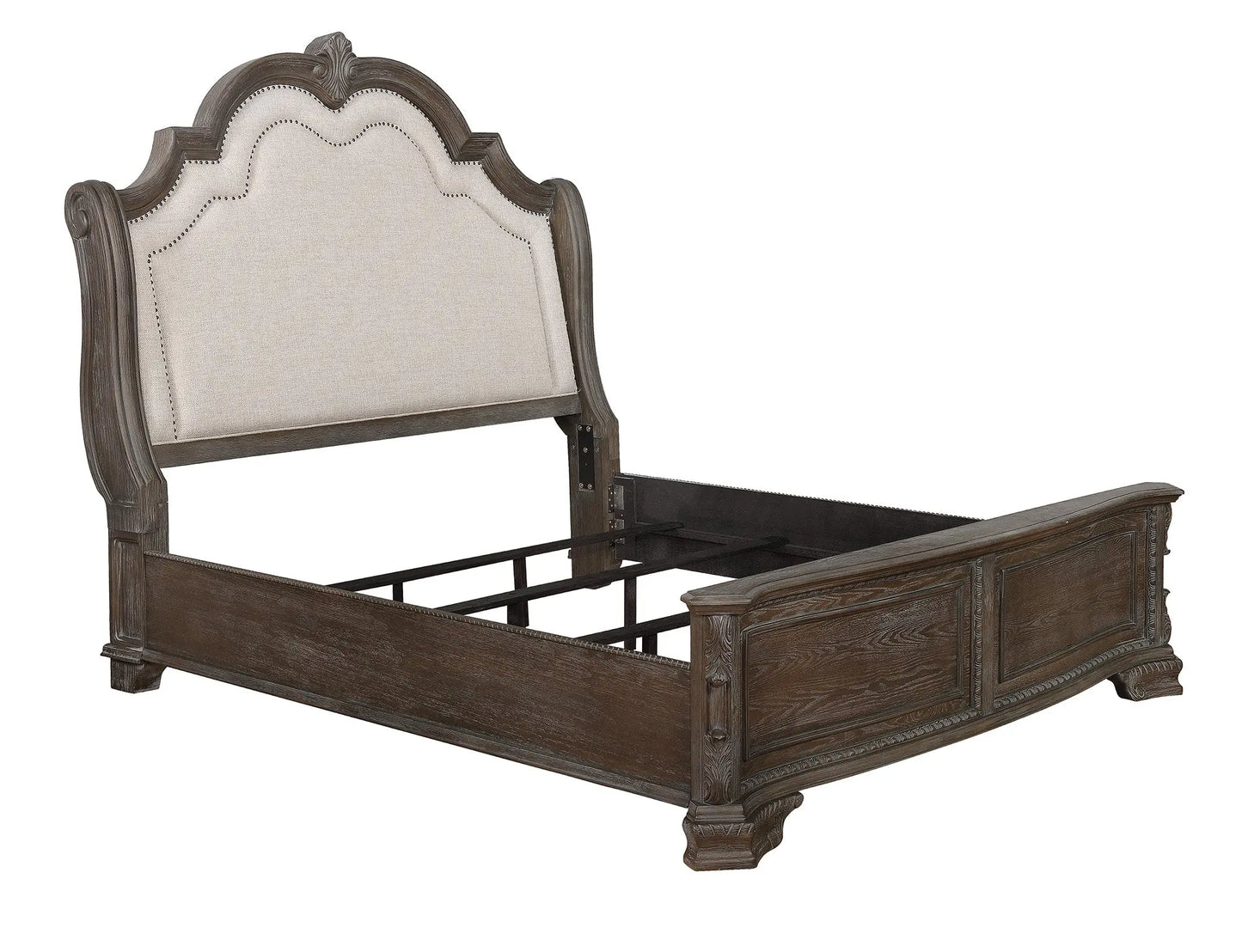 Sheffield Antique Gray Queen Upholstered Panel Bed Crown Mark