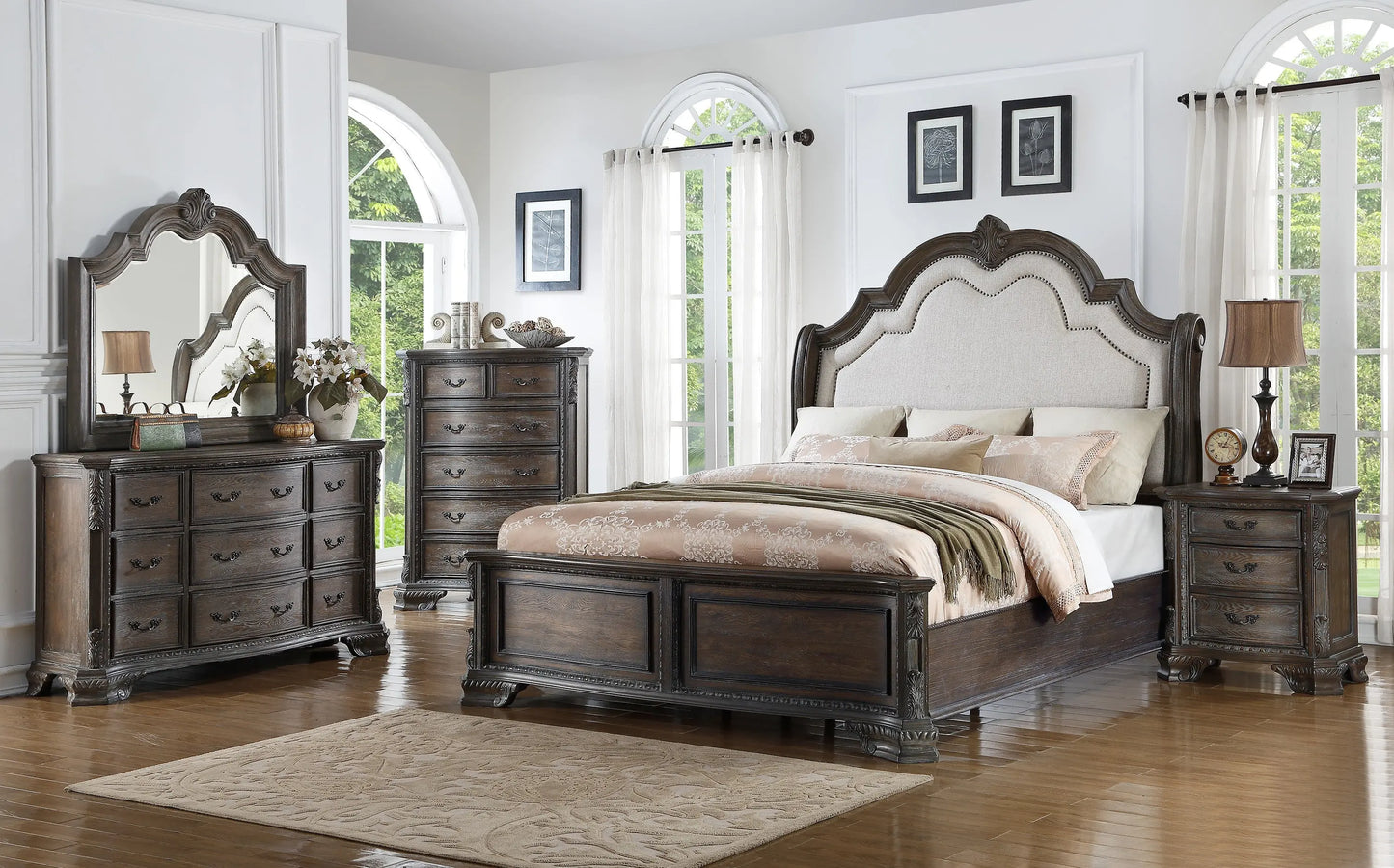 Sheffield Antique Gray King Upholstered Panel Bed Crown Mark