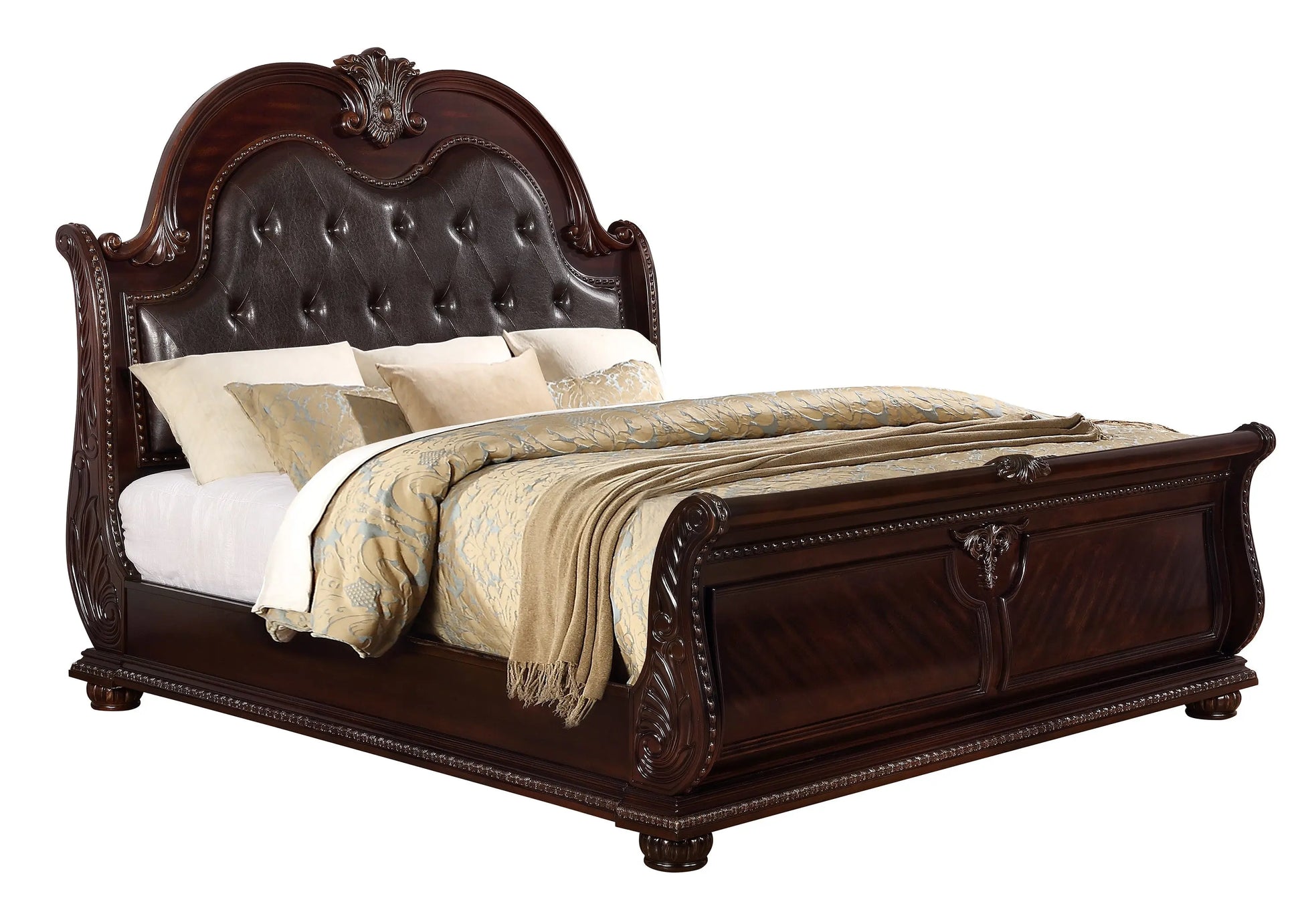 Stanley Cherry Brown Queen Upholstered Sleigh Bed Crown Mark