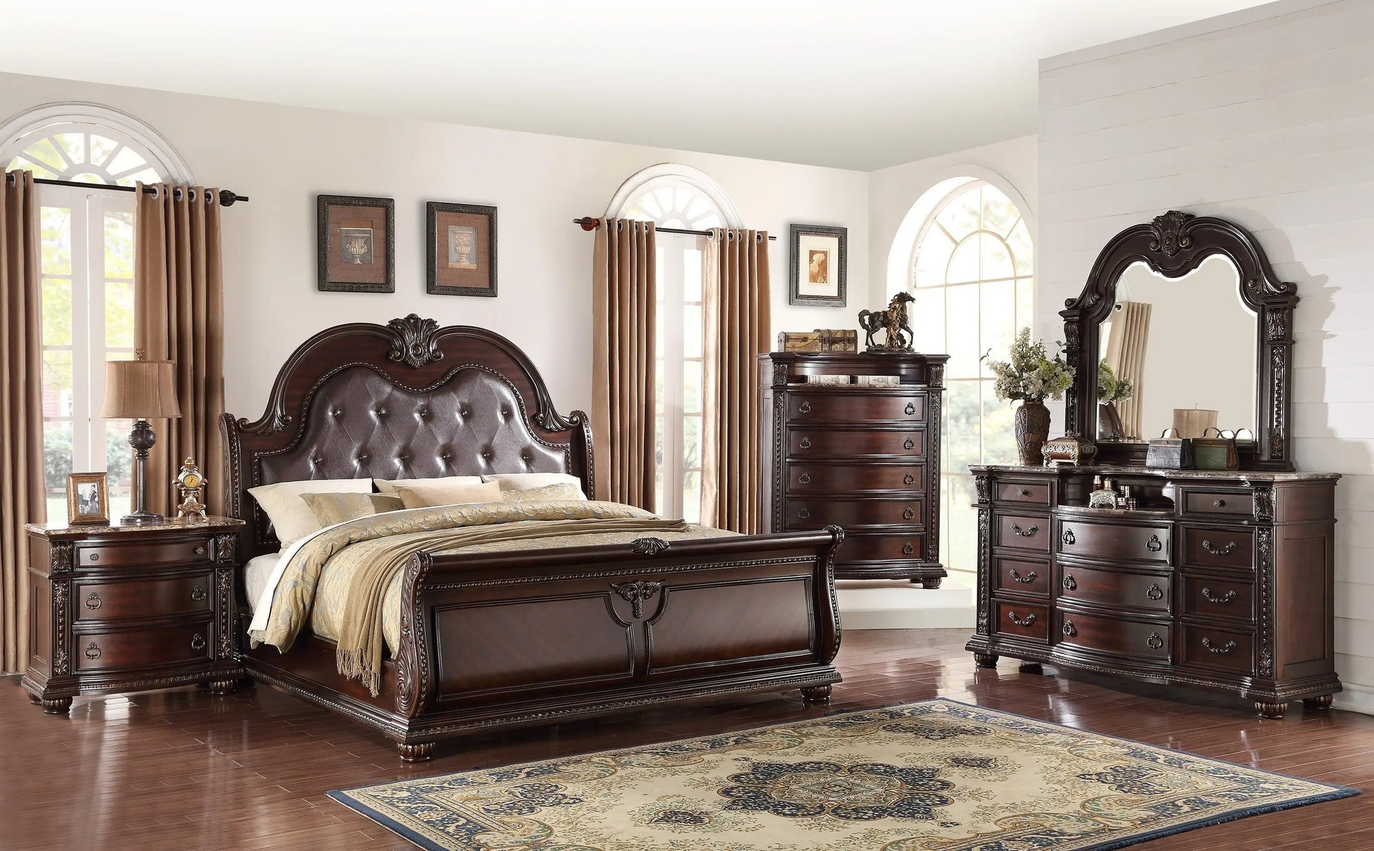 Stanley Cherry Brown Upholstered Sleigh Bedroom Set Crown Mark