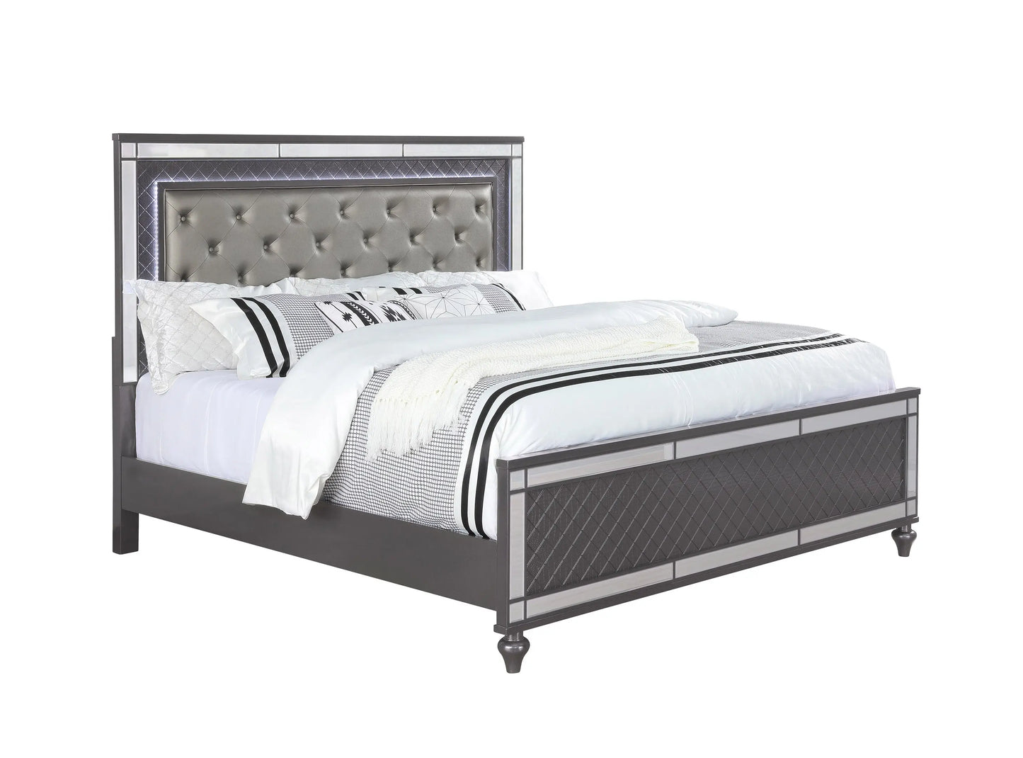 Refino Gray King LED Upholstered Panel Bed Crown Mark