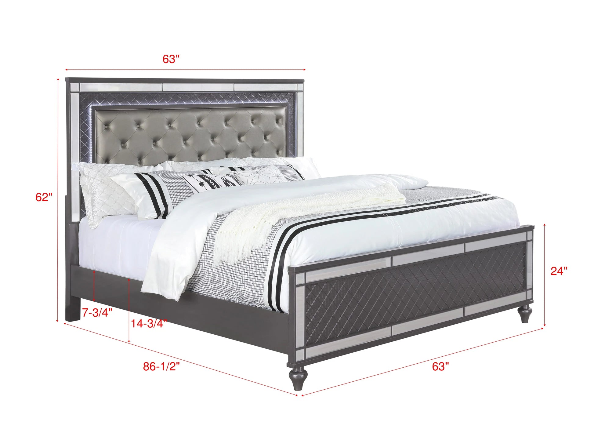 Refino Gray Queen LED Upholstered Panel Bed Crown Mark