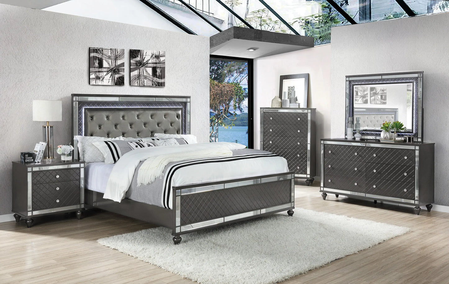 Refino Gray King LED Upholstered Panel Bed Crown Mark