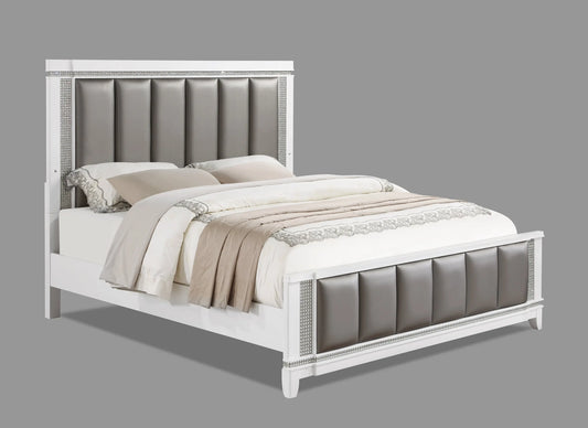 Ariane White/Silver Queen Upholstered Panel Bed Crown Mark