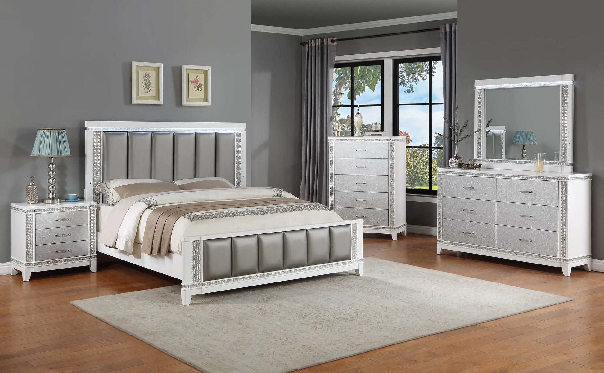 Ariane White/Silver Queen Upholstered Panel Bed Crown Mark