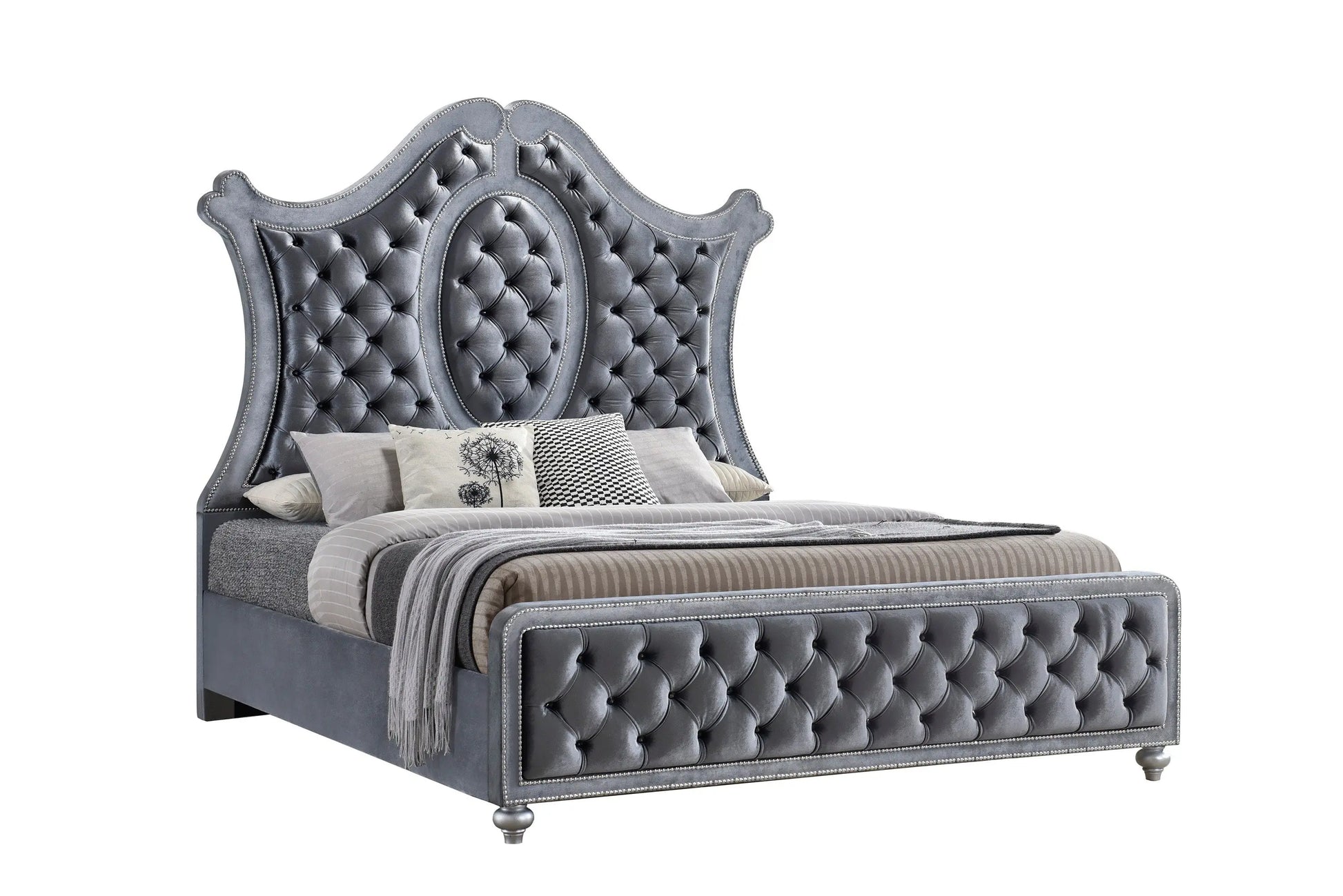 Cameo Gray Queen Upholstered Panel Bed Crown Mark