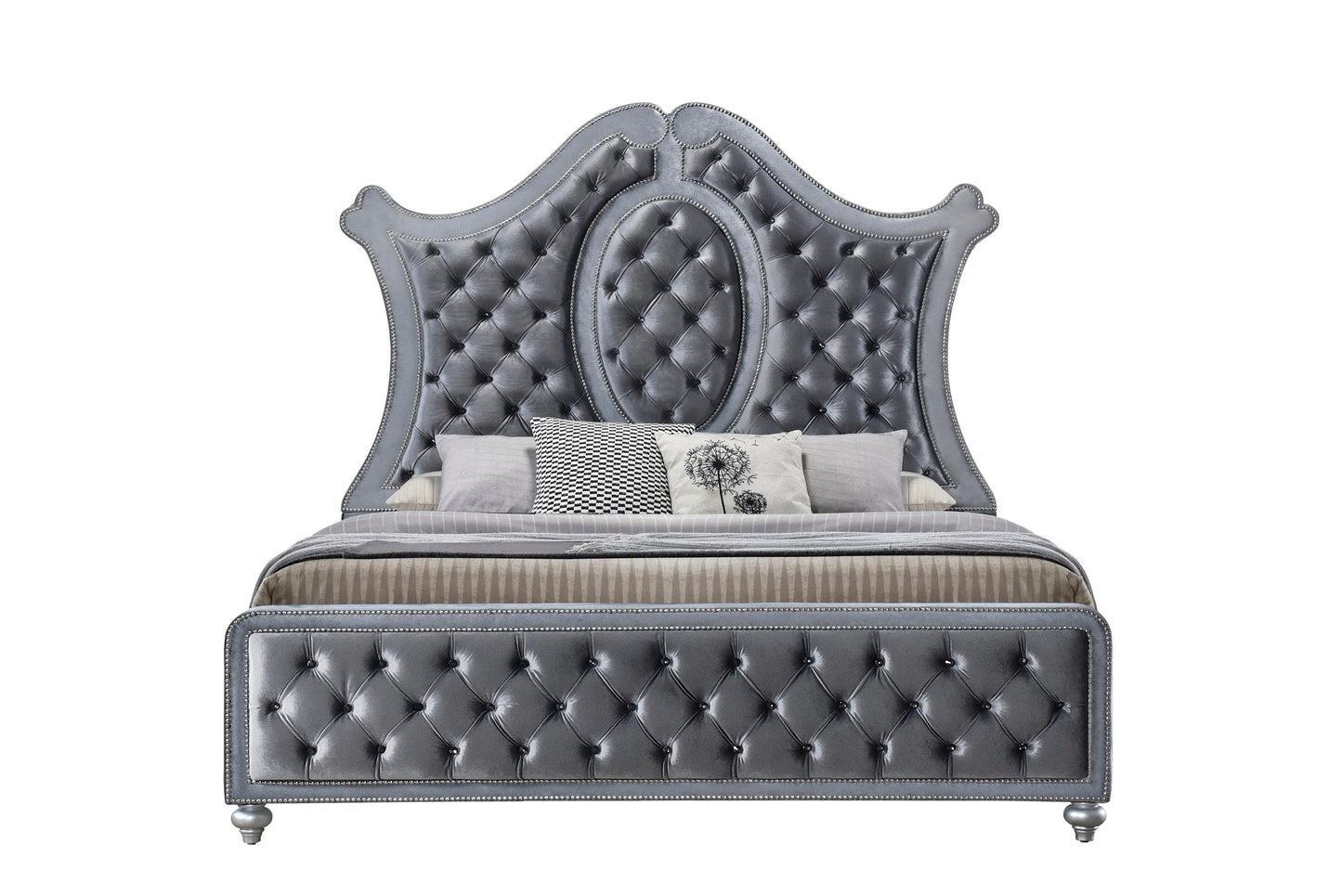 Cameo Gray Queen Upholstered Panel Bed Crown Mark