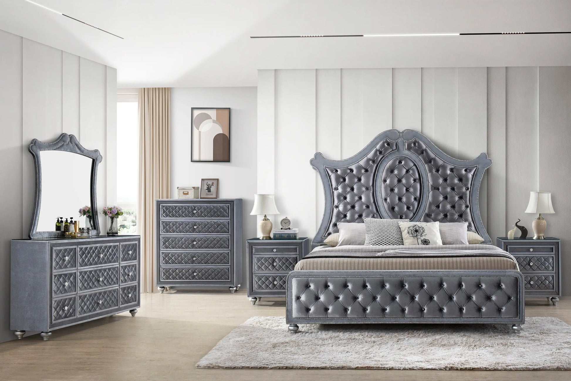 Cameo Gray Queen Upholstered Panel Bed Crown Mark