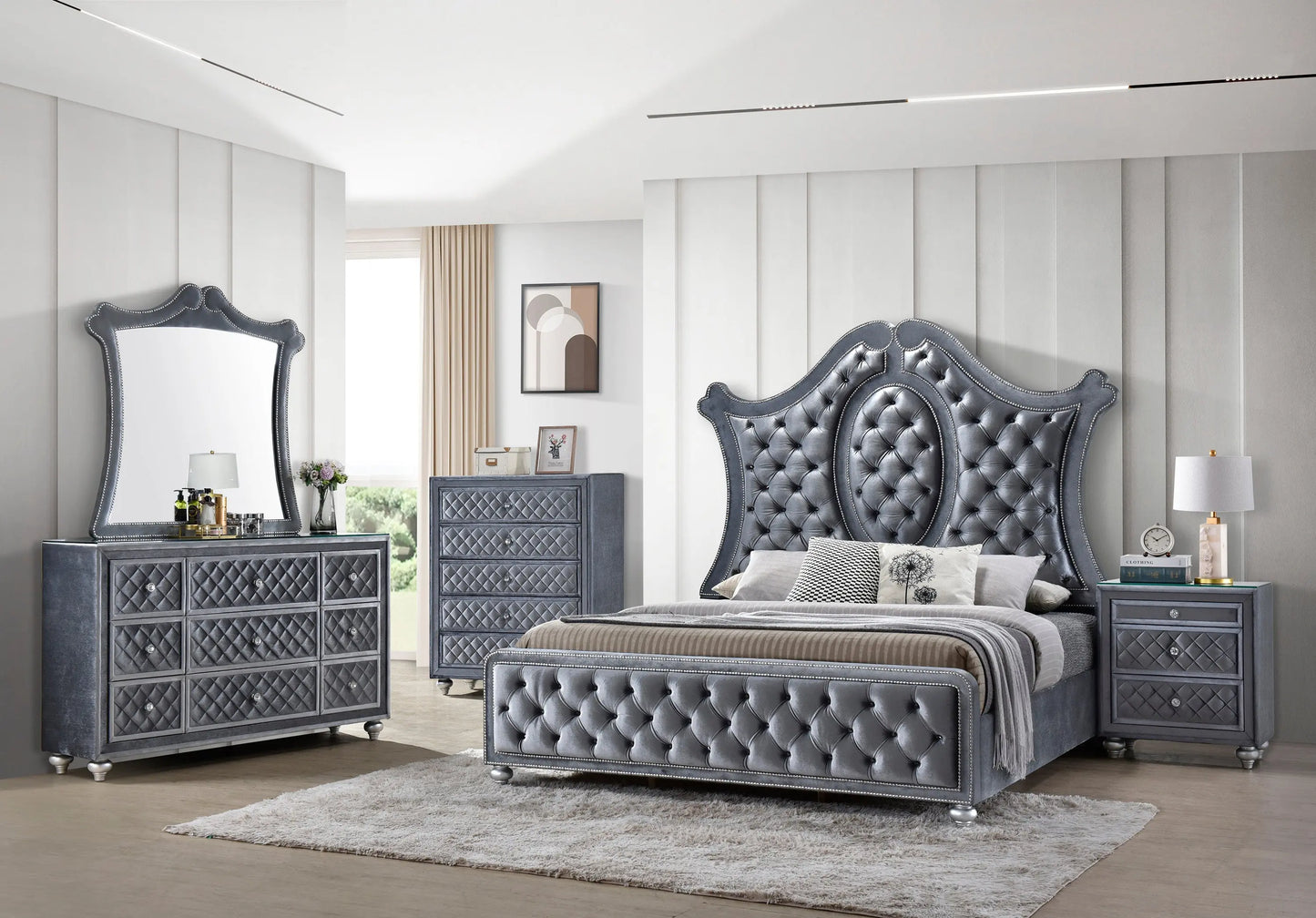 Cameo Gray Upholstered Panel Bedroom Set Crown Mark